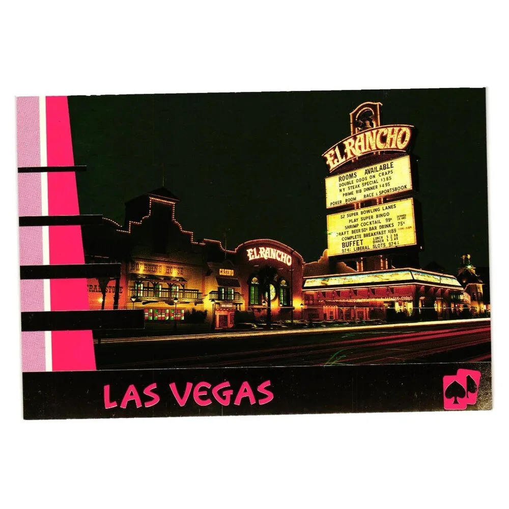 El Rancho Vacation Vegas Hotel Casino Vintage Postcard Evening Lights Marquee